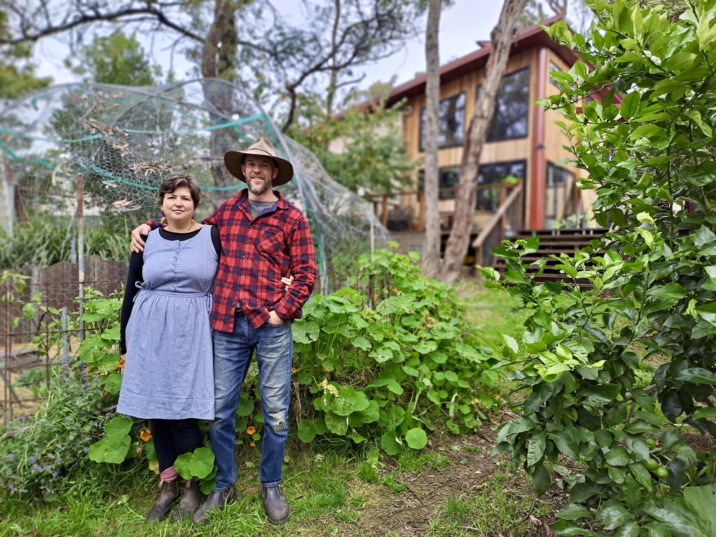 Polona and Nathanael in their backyard 'farm' in Bullaburra